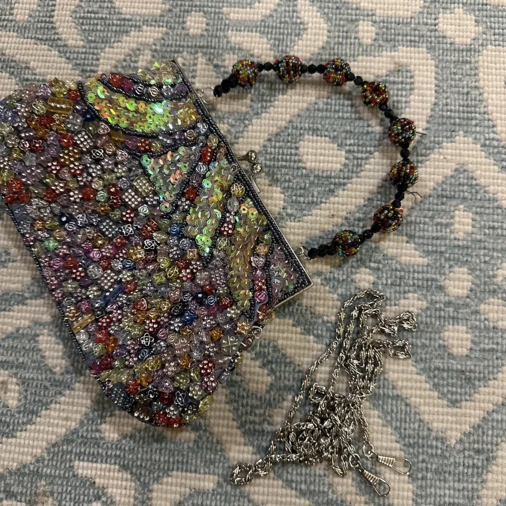 Vintage Colorful Beaded Handbag Black Fabric Satin Lining Multicolored Beads‎